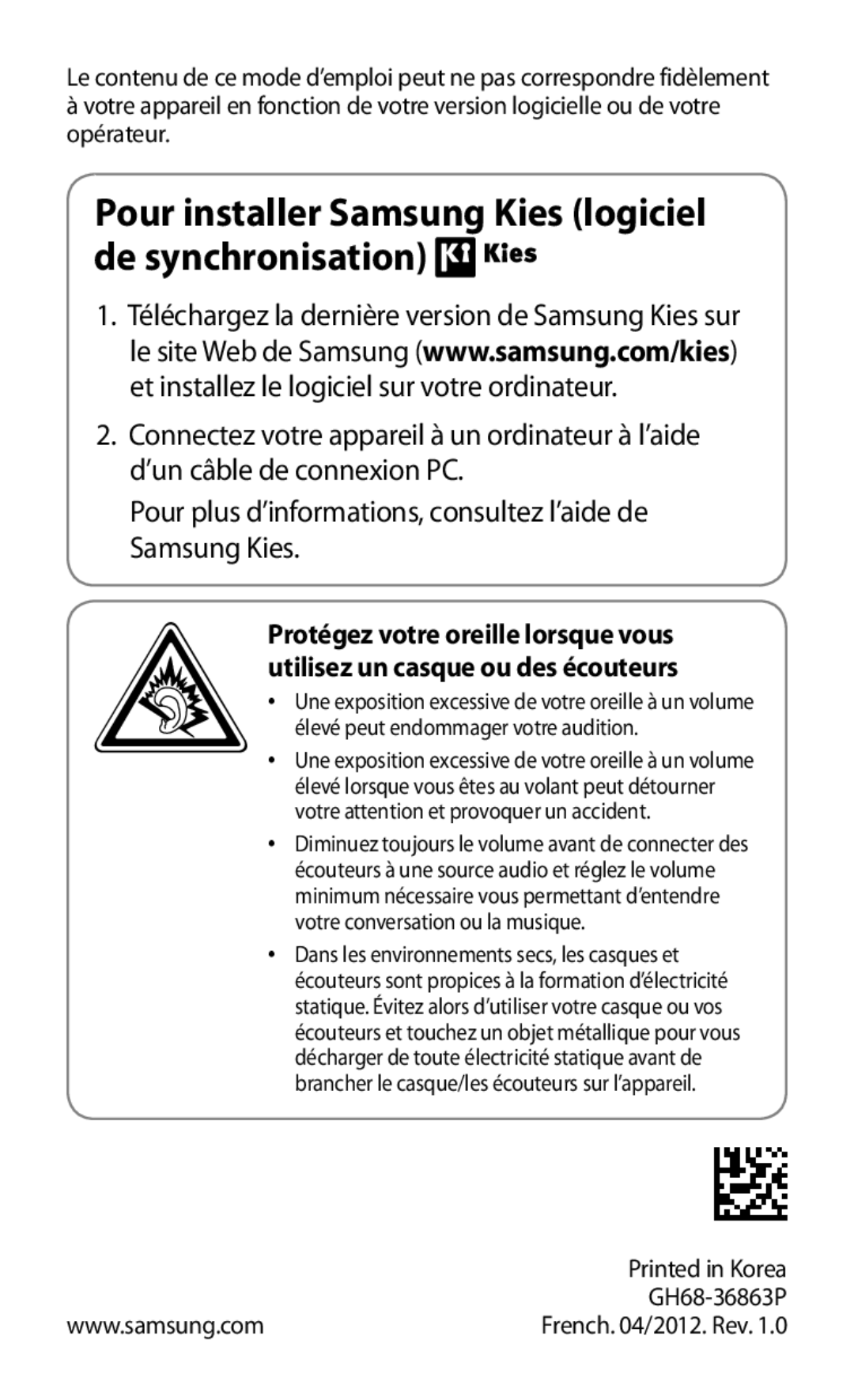 Samsung GT-P3100ZWABGL, GT-P3100TSEMTL, GT-P3100TSAGBL manual Pour installer Samsung Kies logiciel de synchronisation 