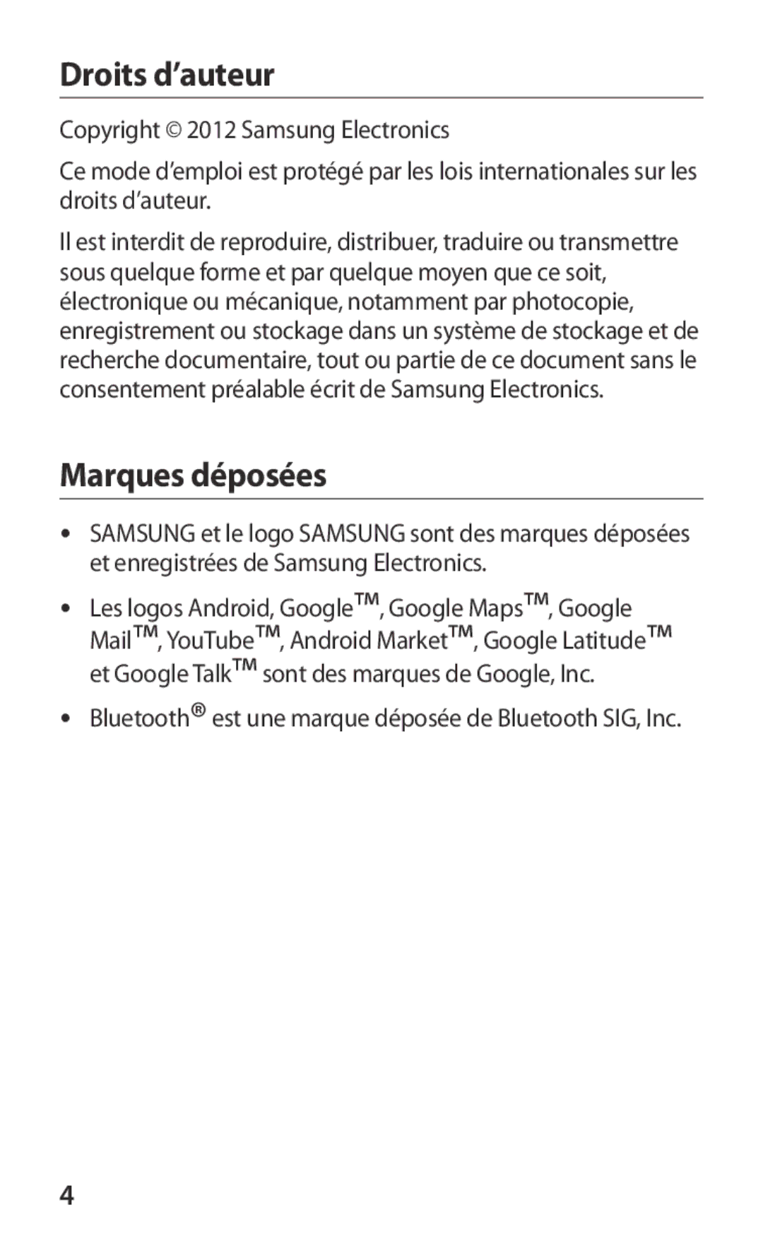 Samsung GT-P3100TSEBGL, GT-P3100TSEMTL, GT-P3100TSAGBL, GT-P3100GRABGL, GT-P3100TSABGL manual Droits d’auteur, Marques déposées 