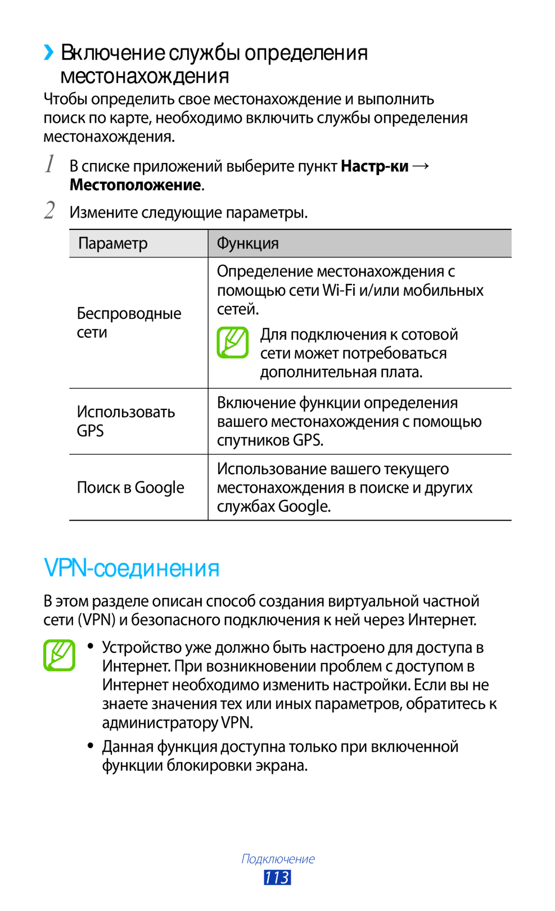 Samsung GT-P3100TSASEB, GT-P3100TSESEB, GT-P3100ZWASEB VPN-соединения, 113, Спутников GPS, Использование вашего текущего 