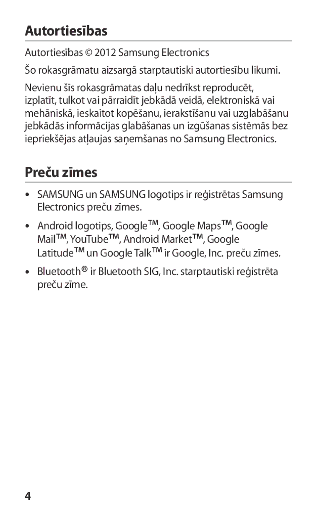 Samsung GT-P3100TSASEB, GT-P3100TSESEB, GT-P3100ZWASEB manual Preču zīmes, Autortiesības 2012 Samsung Electronics 