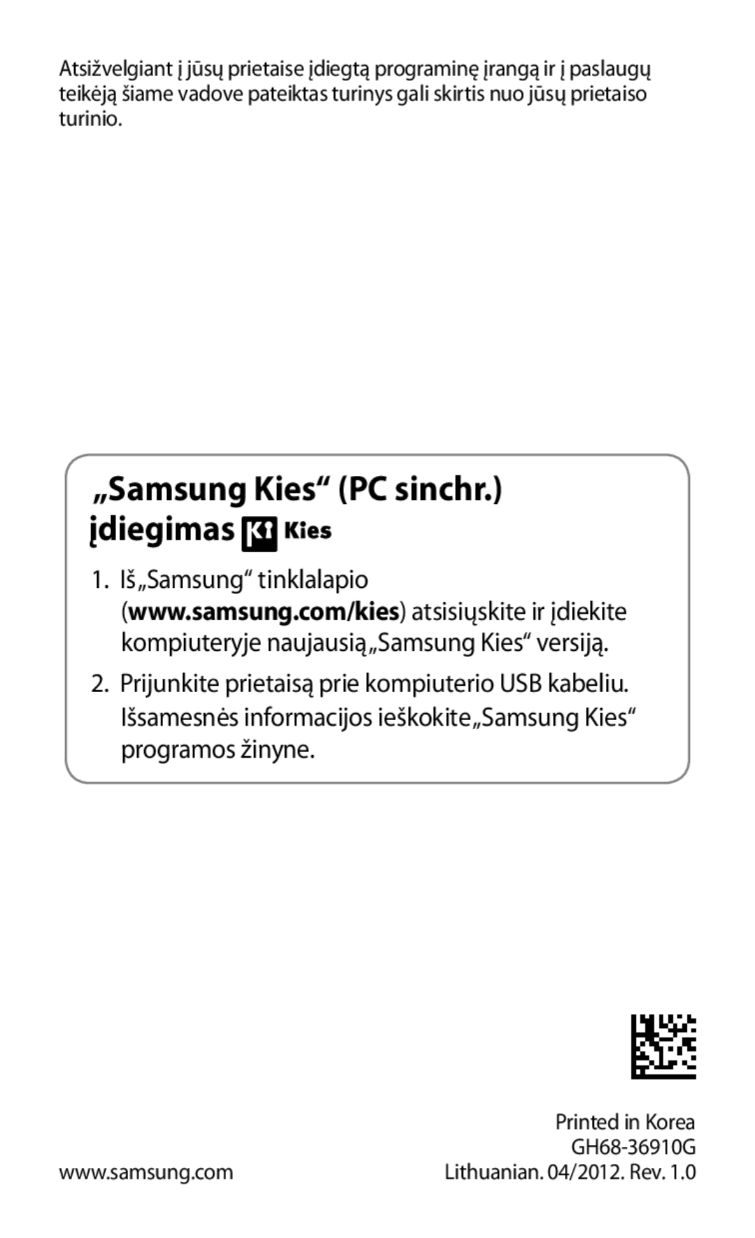 Samsung GT-P3100TSESEB, GT-P3100TSASEB, GT-P3100ZWASEB manual „Samsung Kies PC sinchr. įdiegimas 