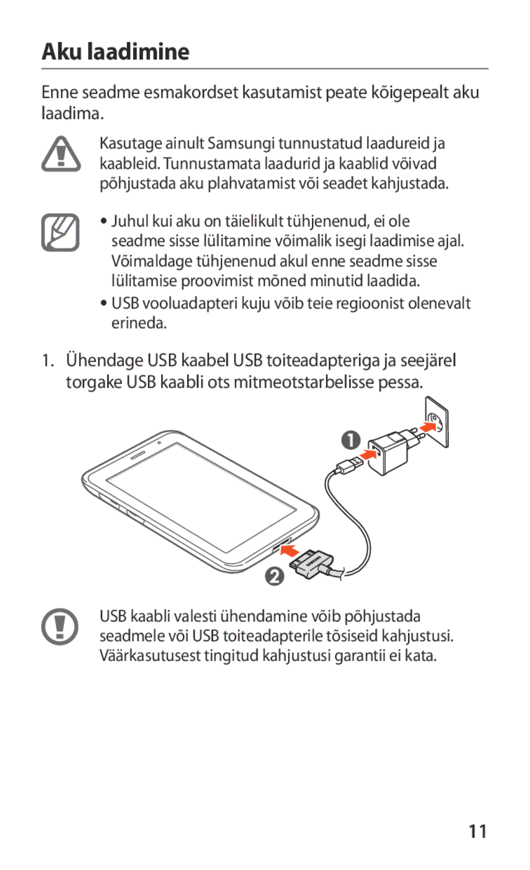 Samsung GT-P3100ZWASEB, GT-P3100TSESEB, GT-P3100TSASEB manual Aku laadimine 