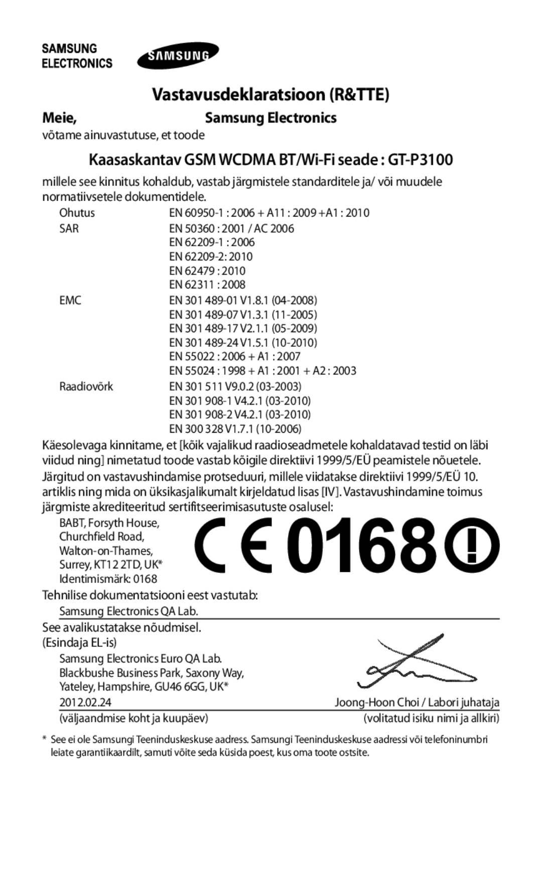 Samsung GT-P3100TSESEB, GT-P3100TSASEB Vastavusdeklaratsioon R&TTE, Meie, Kaasaskantav GSM Wcdma BT/Wi-Fi seade GT-P3100 