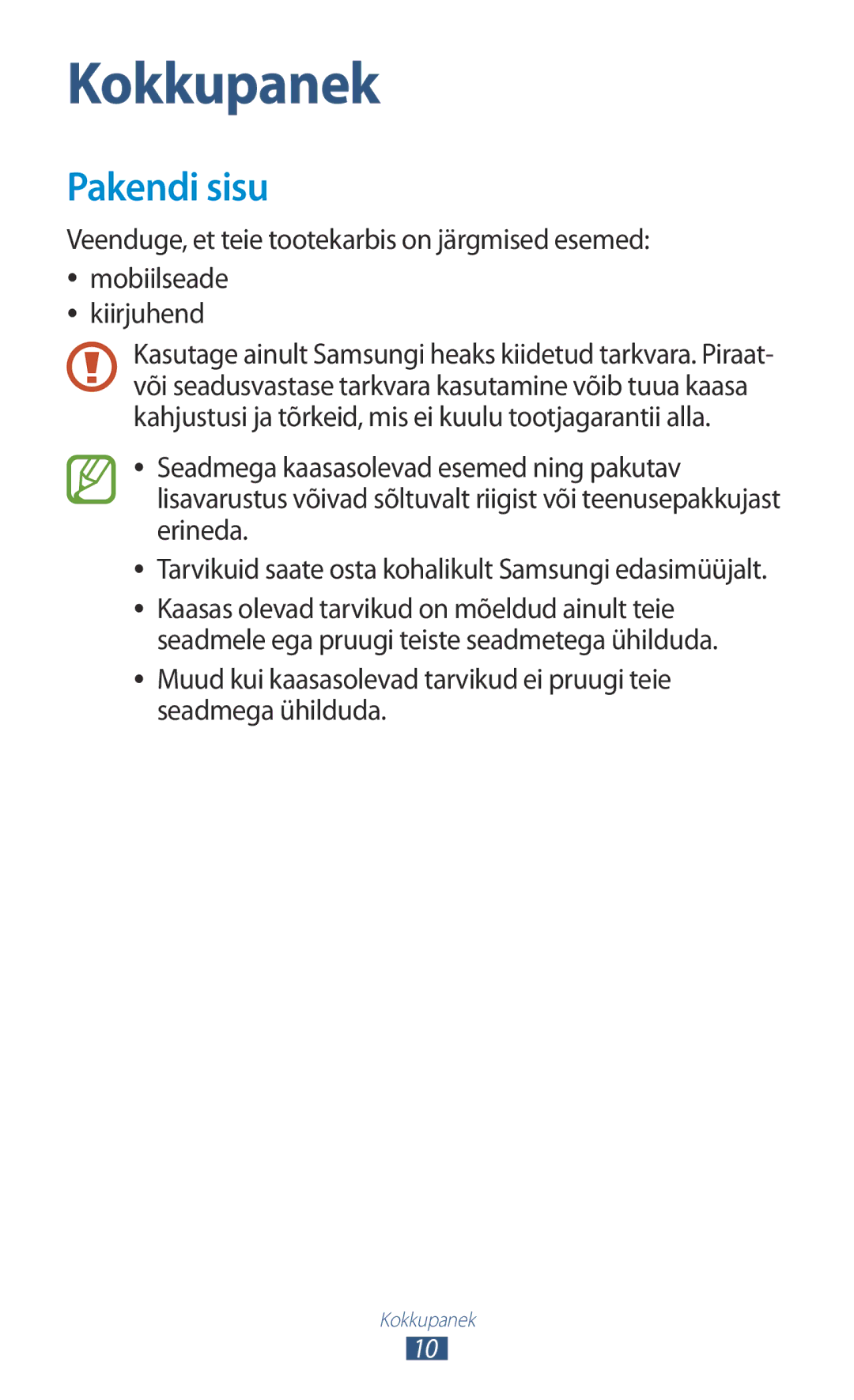 Samsung GT-P3100TSASEB, GT-P3100TSESEB, GT-P3100ZWASEB manual Kokkupanek, Pakendi sisu 