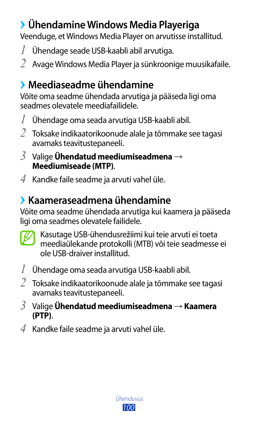 Samsung GT-P3100TSASEB manual ››Ühendamine Windows Media Playeriga, ››Meediaseadme ühendamine, ››Kaameraseadmena ühendamine 