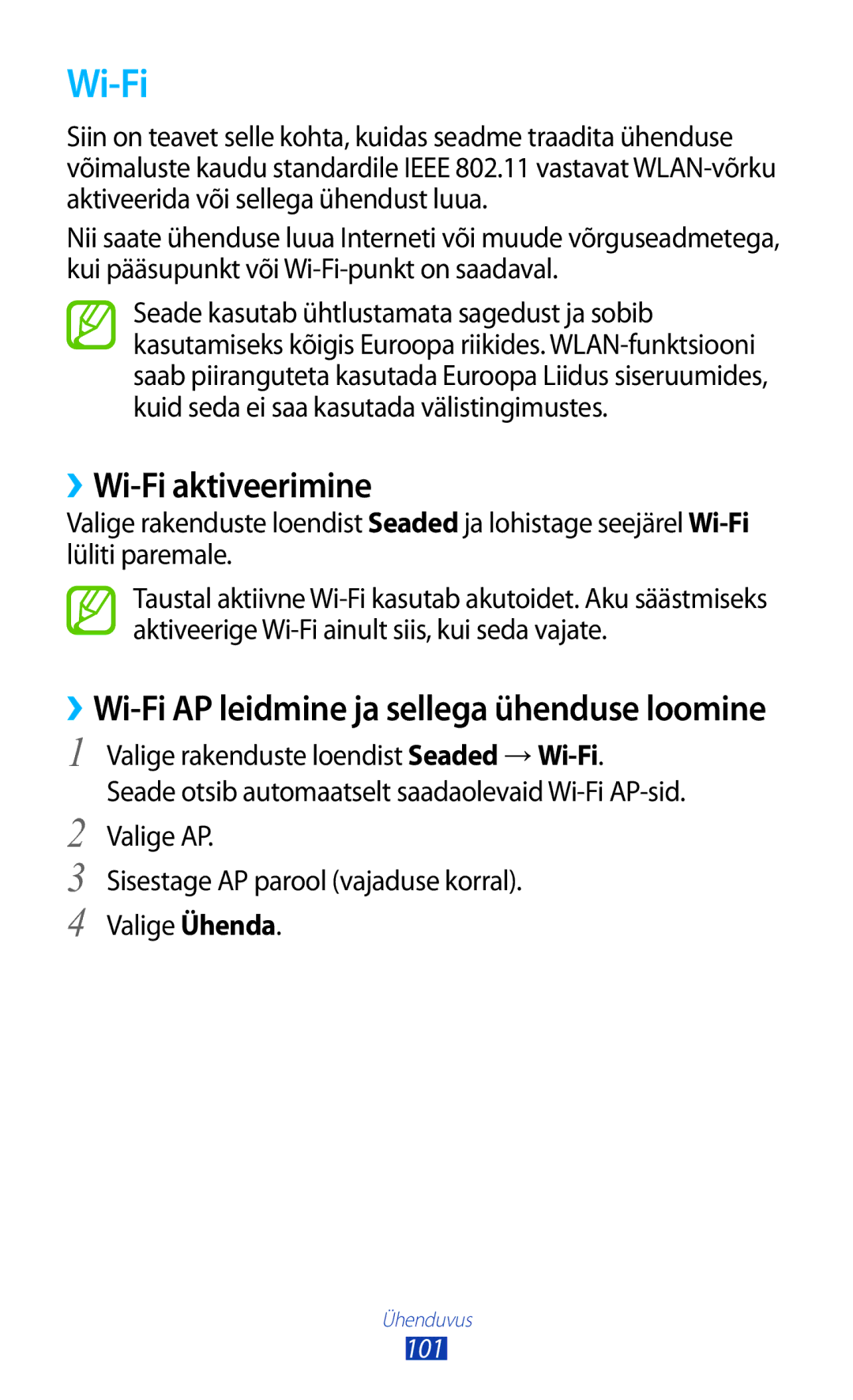 Samsung GT-P3100ZWASEB, GT-P3100TSESEB, GT-P3100TSASEB manual ››Wi-Fi aktiveerimine 