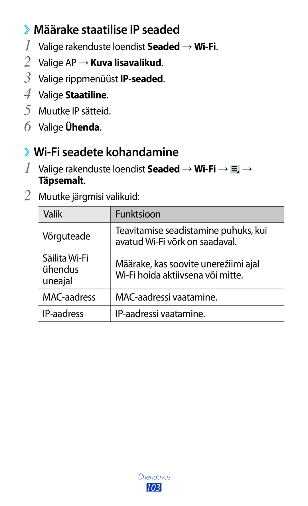 Samsung GT-P3100TSASEB, GT-P3100TSESEB manual ››Määrake staatilise IP seaded, ››Wi-Fi seadete kohandamine, Valige Staatiline 