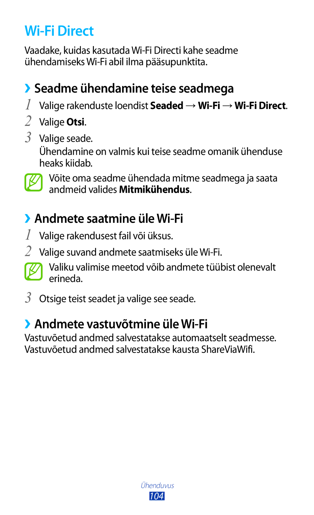 Samsung GT-P3100ZWASEB, GT-P3100TSESEB manual Wi-Fi Direct, ››Seadme ühendamine teise seadmega, ››Andmete saatmine üle Wi-Fi 