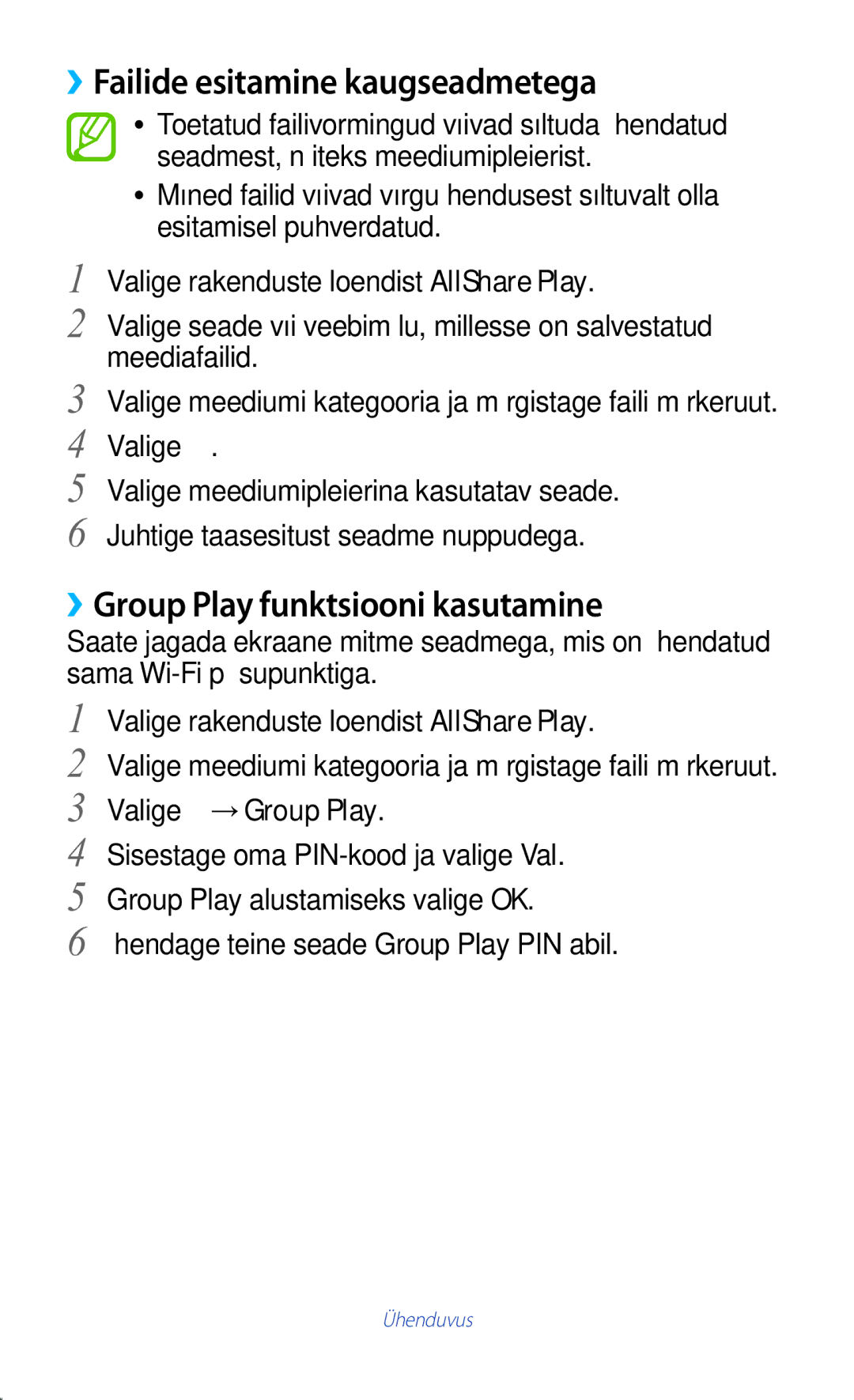 Samsung GT-P3100TSASEB manual ››Failide esitamine kaugseadmetega, ››Group Play funktsiooni kasutamine, Valige →Group Play 