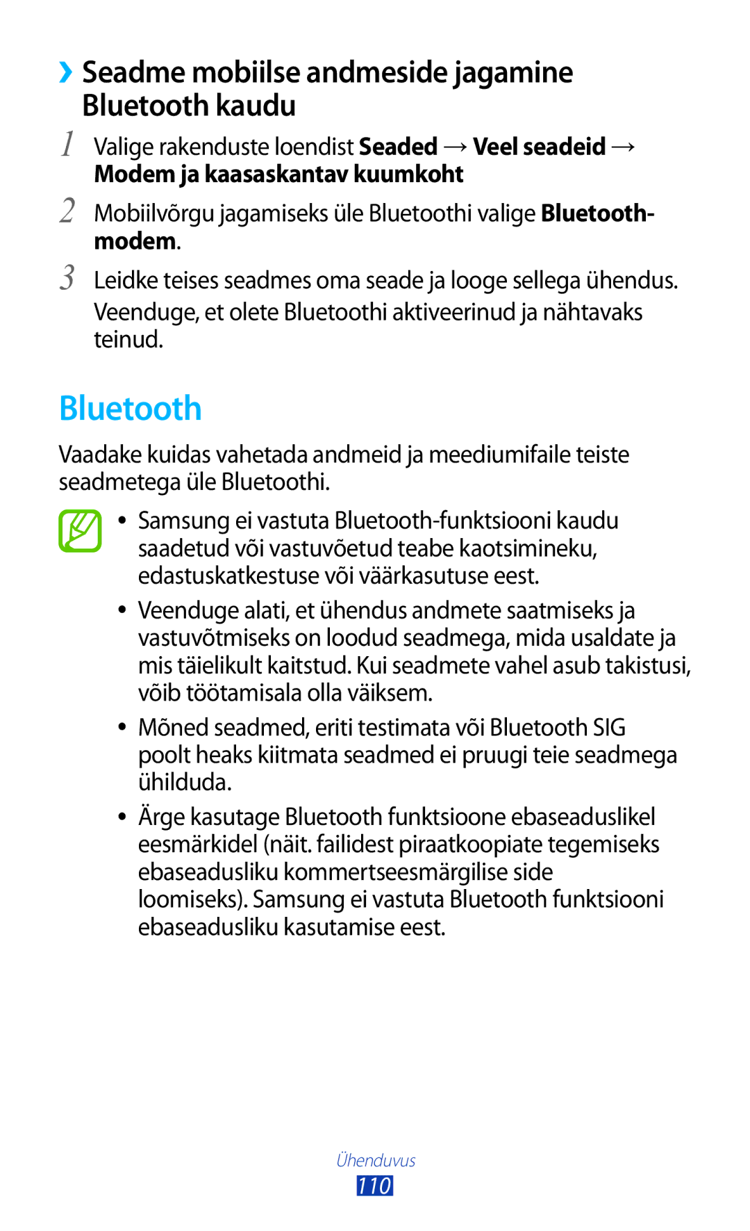 Samsung GT-P3100ZWASEB manual ››Seadme mobiilse andmeside jagamine Bluetooth kaudu, Modem ja kaasaskantav kuumkoht 