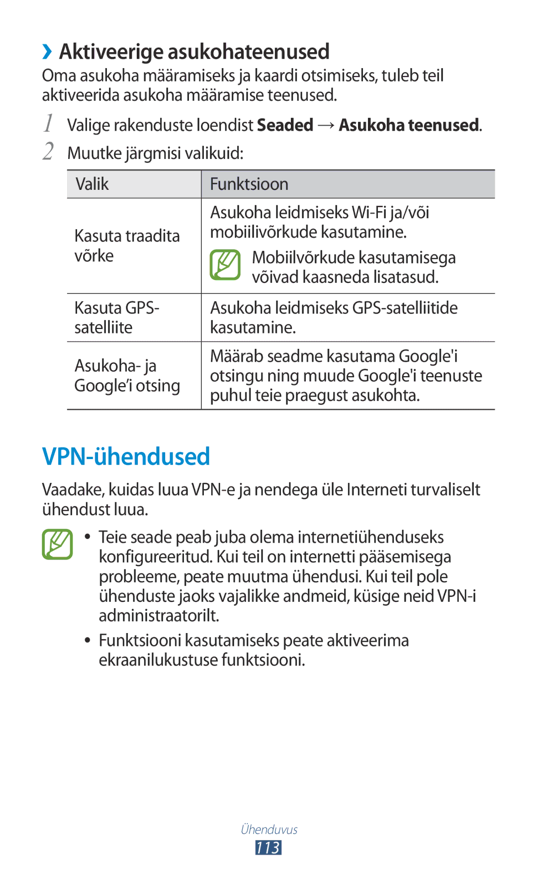 Samsung GT-P3100ZWASEB manual VPN-ühendused, ››Aktiveerige asukohateenused, Google’i otsing, Puhul teie praegust asukohta 