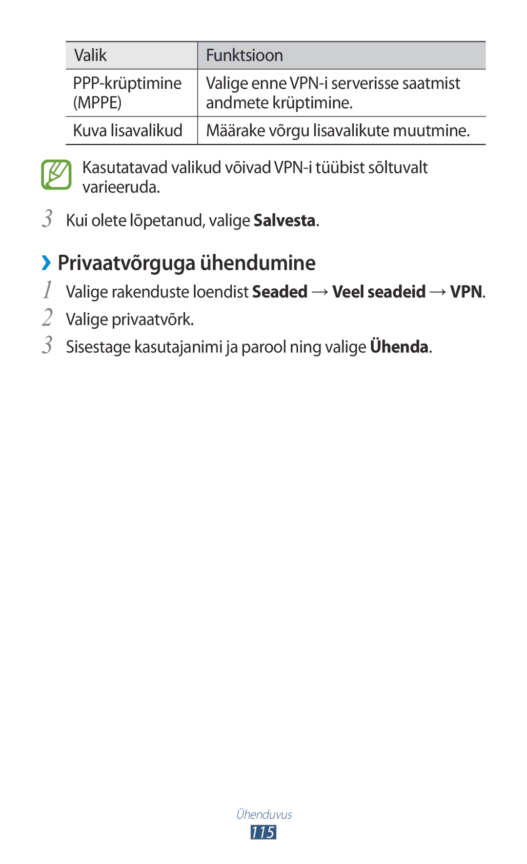 Samsung GT-P3100TSASEB ››Privaatvõrguga ühendumine, Valik Funktsioon PPP-krüptimine, Andmete krüptimine, Kuva lisavalikud 