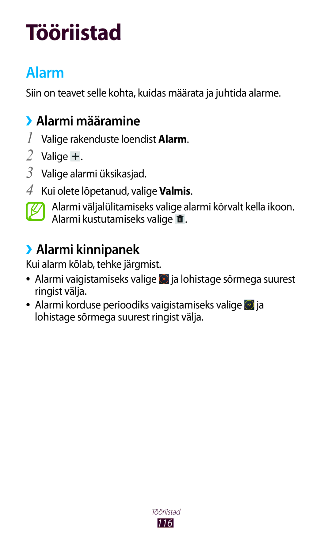 Samsung GT-P3100ZWASEB, GT-P3100TSESEB, GT-P3100TSASEB manual ››Alarmi määramine, ››Alarmi kinnipanek 