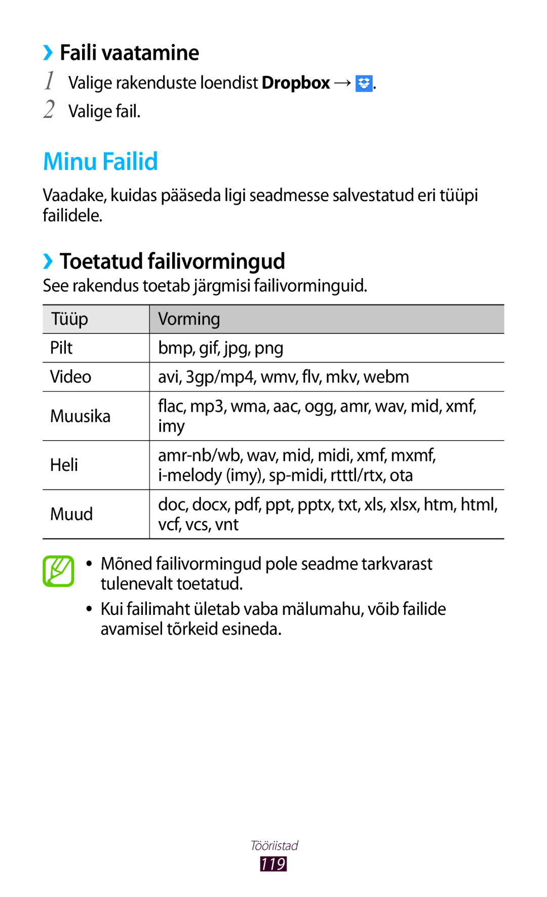 Samsung GT-P3100ZWASEB, GT-P3100TSESEB, GT-P3100TSASEB manual Minu Failid, ››Faili vaatamine, ››Toetatud failivormingud, Imy 