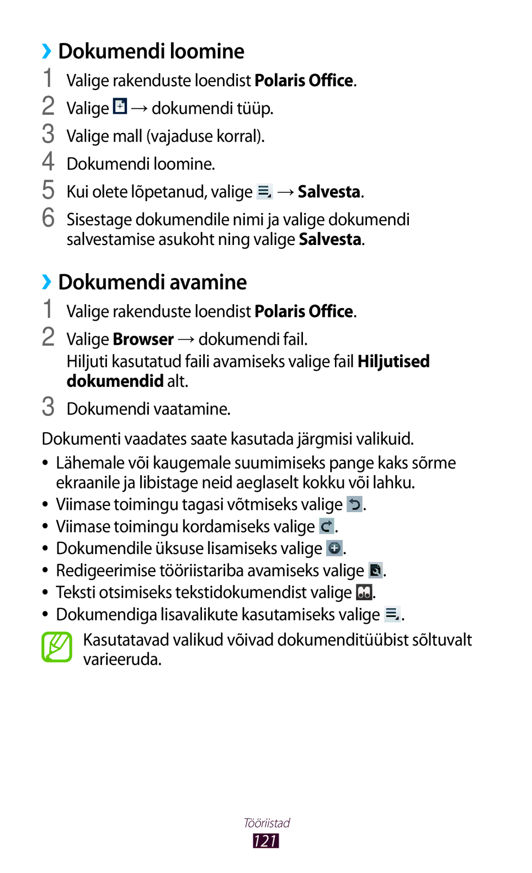 Samsung GT-P3100TSASEB, GT-P3100TSESEB, GT-P3100ZWASEB manual Dokumendi loomine, Dokumendi avamine, Dokumendid alt 