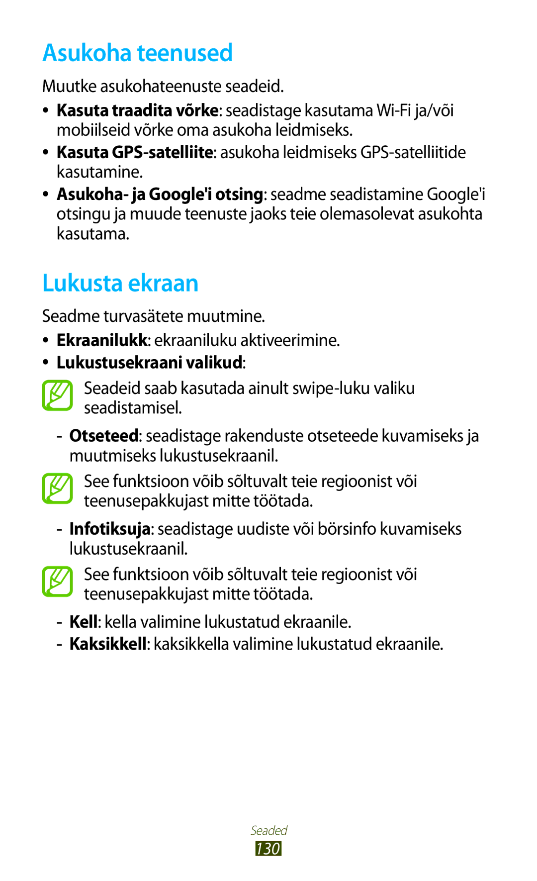 Samsung GT-P3100TSASEB manual Asukoha teenused, Lukusta ekraan, Muutke asukohateenuste seadeid, Seadme turvasätete muutmine 