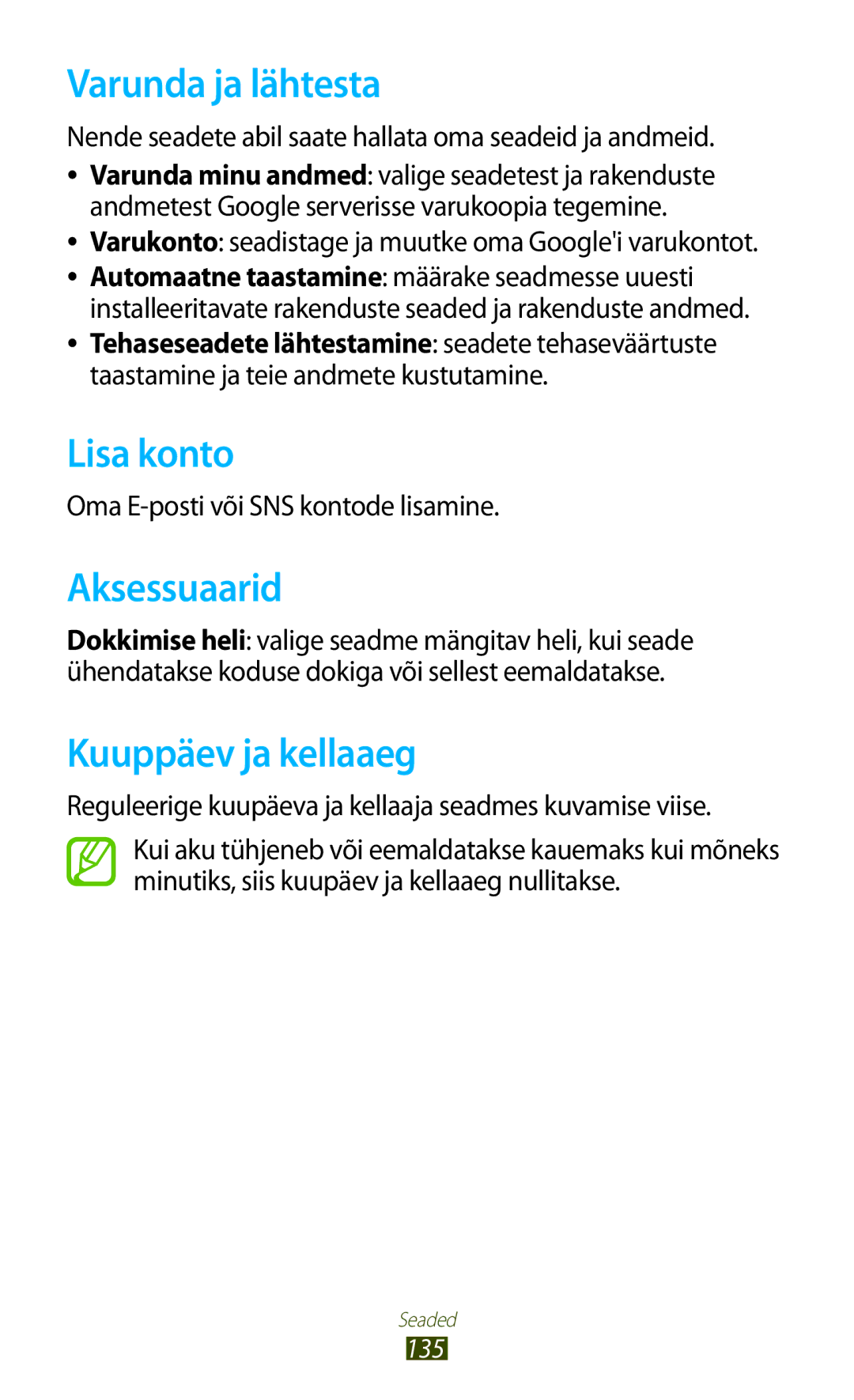 Samsung GT-P3100TSESEB, GT-P3100TSASEB, GT-P3100ZWASEB Varunda ja lähtesta, Lisa konto, Aksessuaarid, Kuuppäev ja kellaaeg 