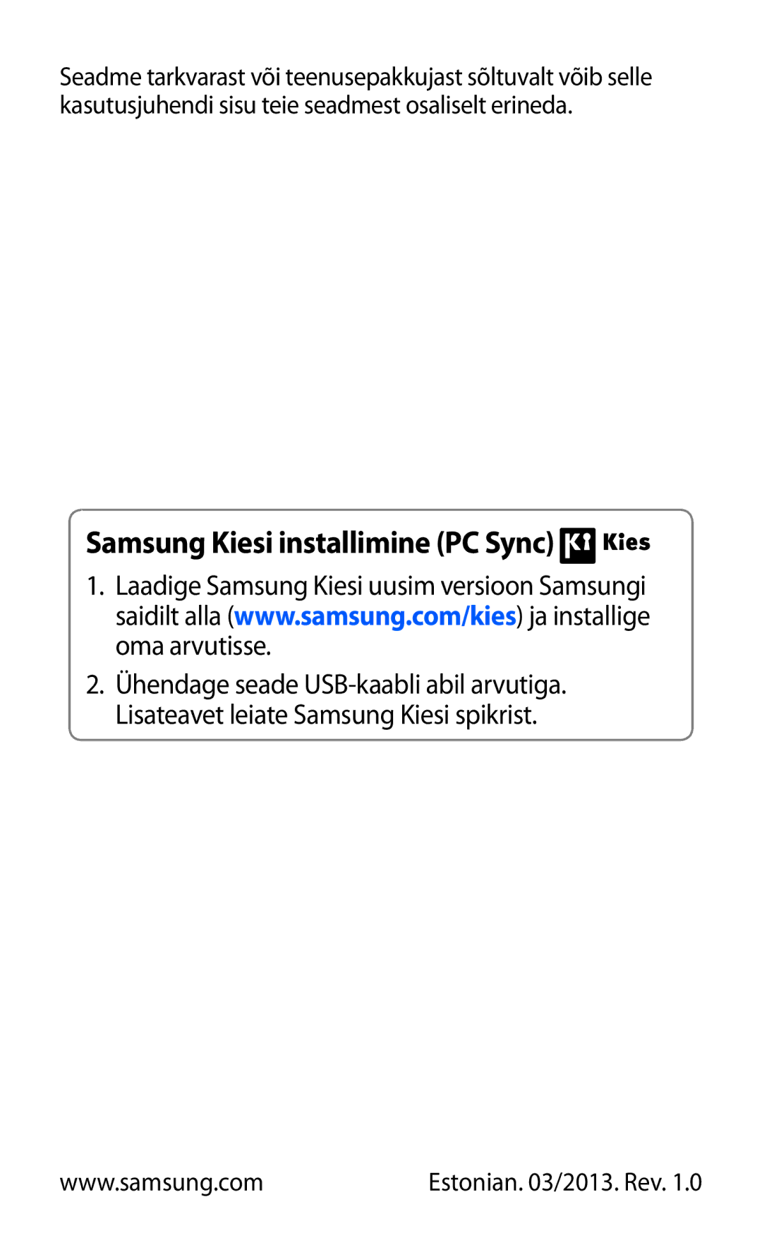 Samsung GT-P3100TSASEB, GT-P3100TSESEB, GT-P3100ZWASEB manual Samsung Kiesi installimine PC Sync 