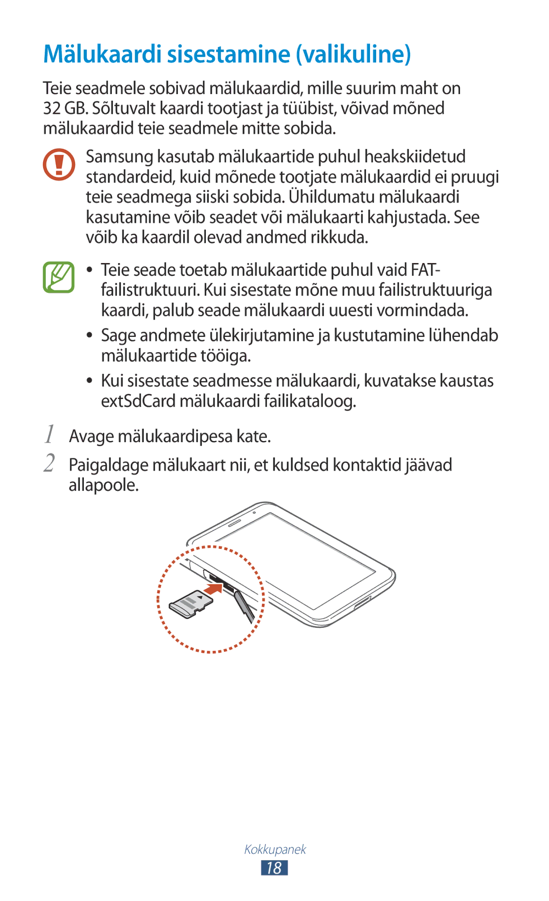 Samsung GT-P3100TSESEB, GT-P3100TSASEB, GT-P3100ZWASEB manual Mälukaardi sisestamine valikuline 