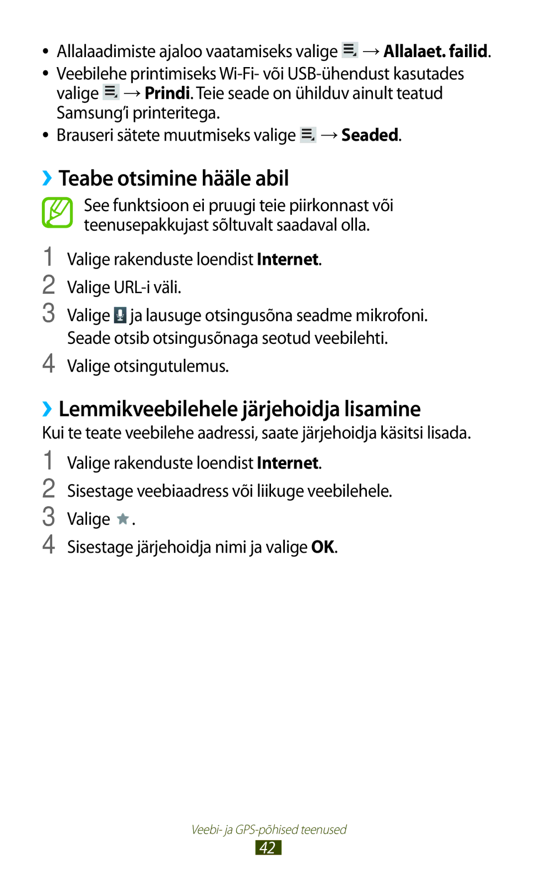 Samsung GT-P3100TSESEB manual ››Teabe otsimine hääle abil, ››Lemmikveebilehele järjehoidja lisamine, Valige otsingutulemus 