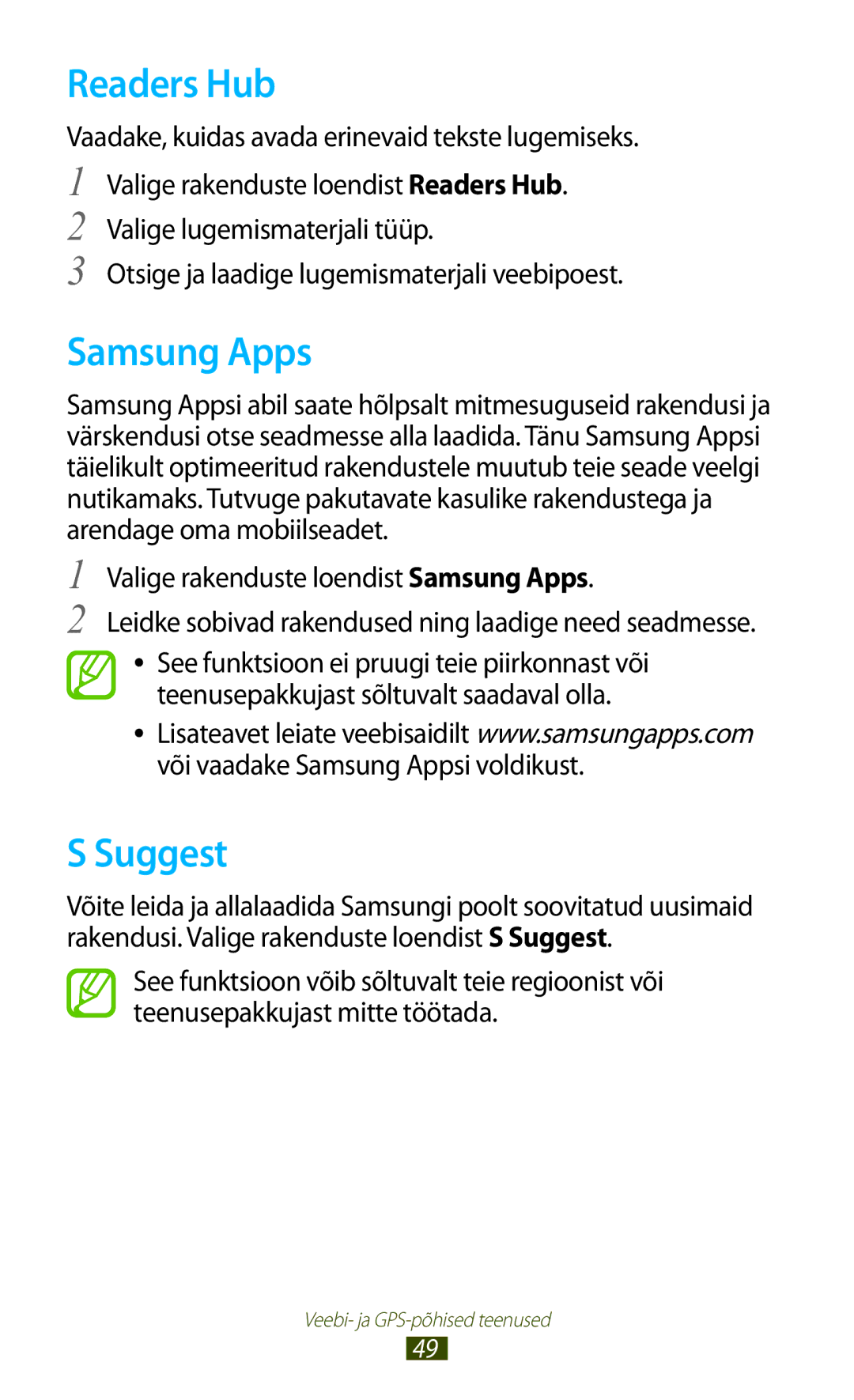 Samsung GT-P3100TSASEB, GT-P3100TSESEB, GT-P3100ZWASEB manual Readers Hub, Samsung Apps, Suggest 