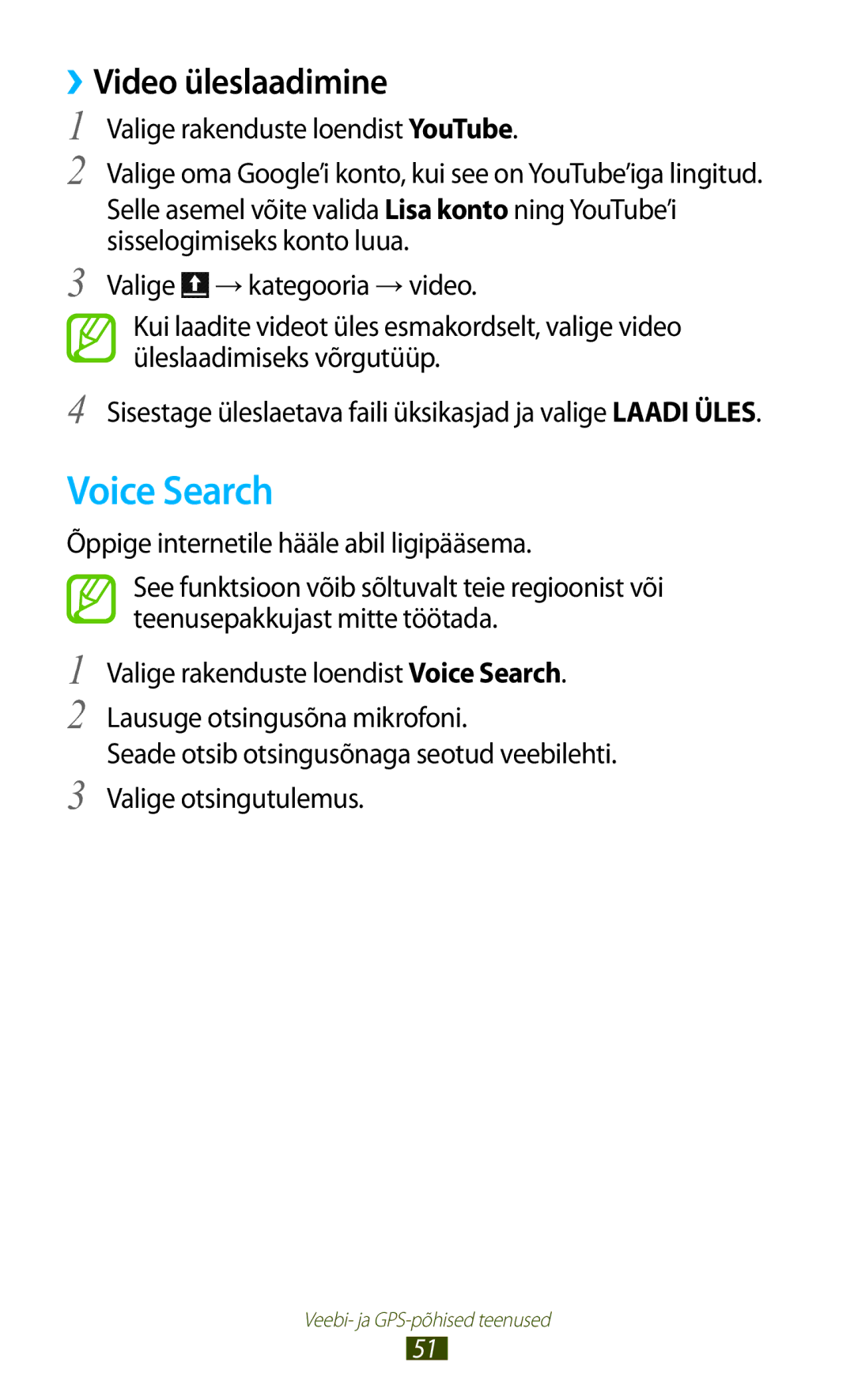 Samsung GT-P3100TSESEB, GT-P3100TSASEB manual Voice Search, ››Video üleslaadimine, Õppige internetile hääle abil ligipääsema 