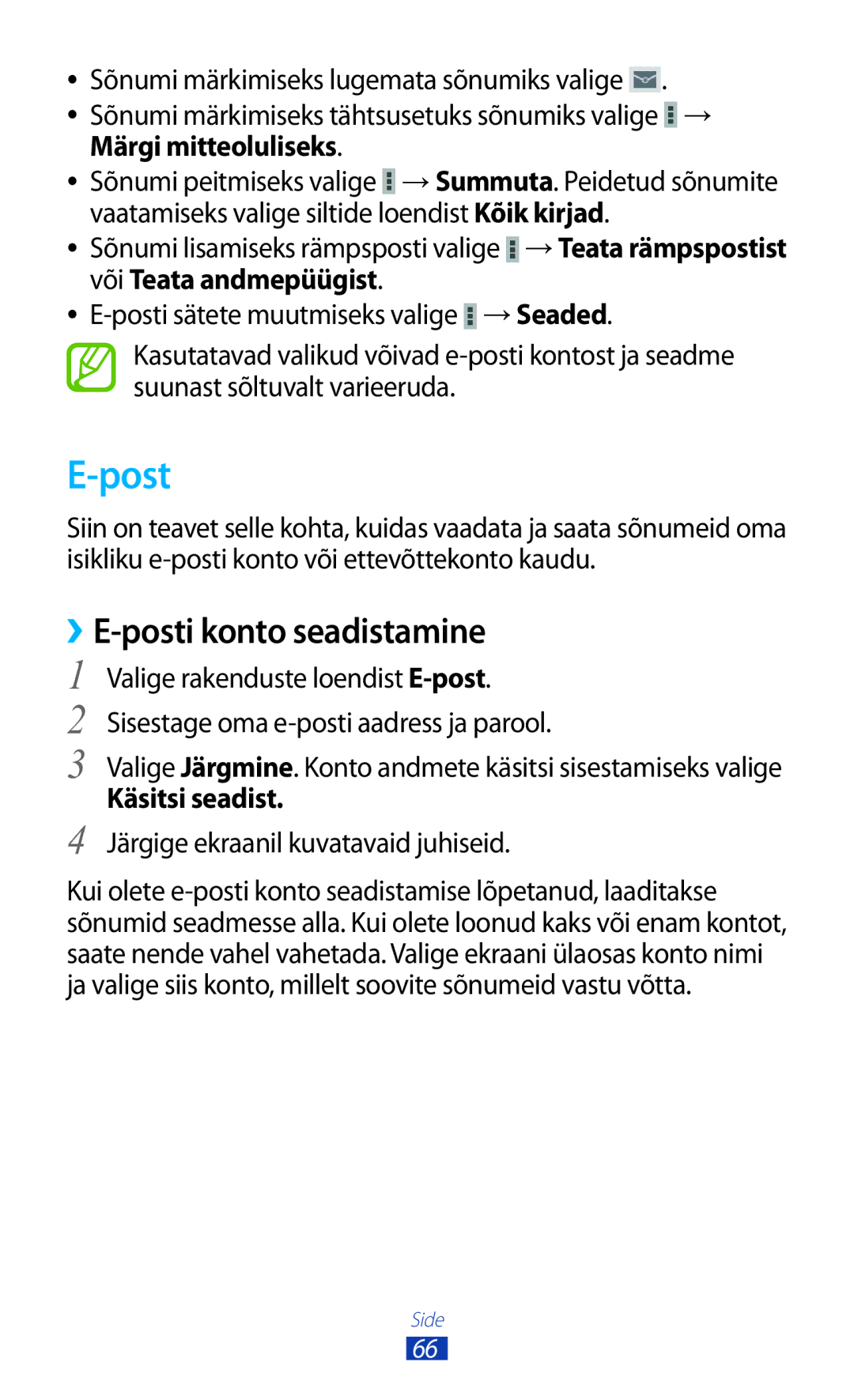 Samsung GT-P3100TSESEB manual Post, ››E-posti konto seadistamine, Käsitsi seadist, Järgige ekraanil kuvatavaid juhiseid 