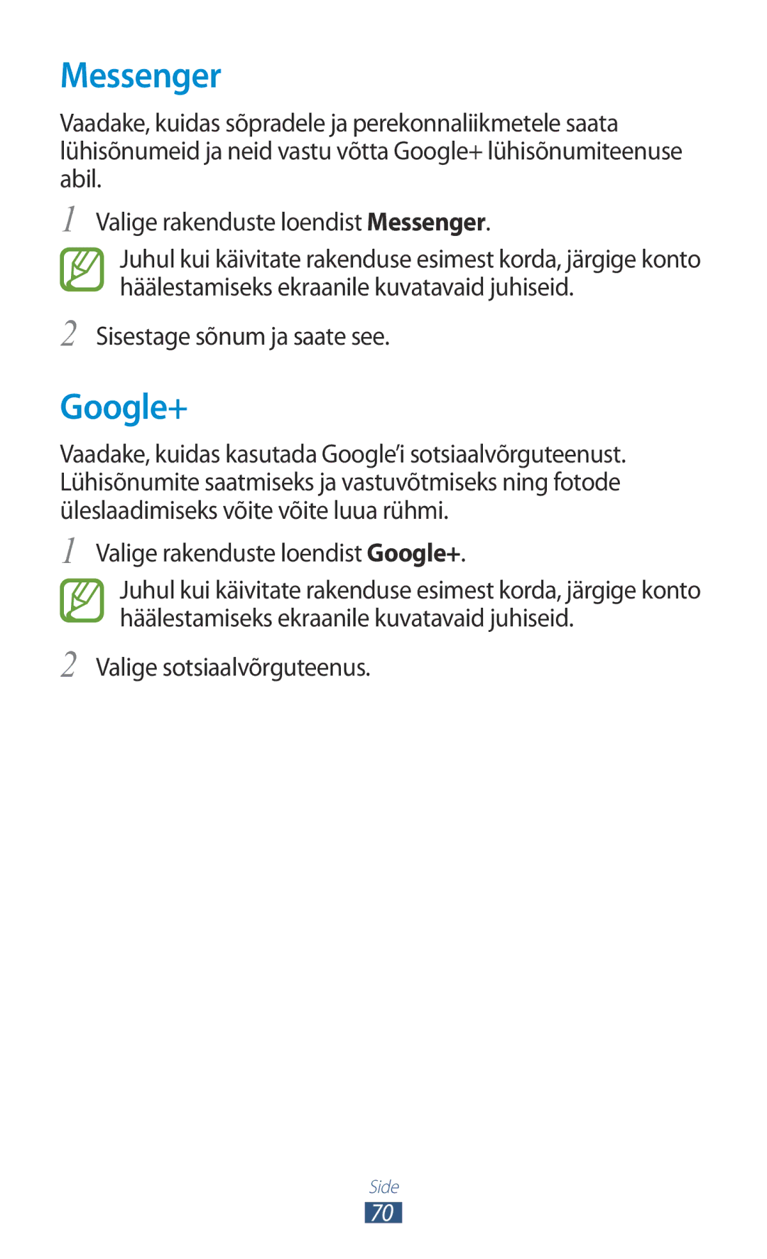 Samsung GT-P3100TSASEB, GT-P3100TSESEB manual Messenger, Valige rakenduste loendist Google+, Valige sotsiaalvõrguteenus 