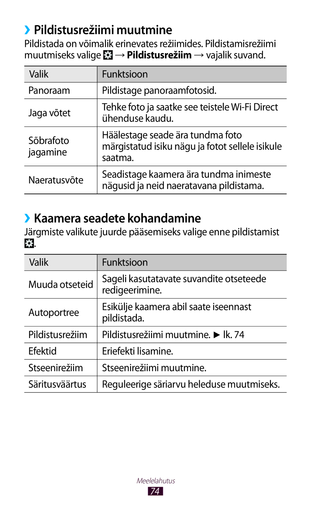 Samsung GT-P3100ZWASEB, GT-P3100TSESEB, GT-P3100TSASEB manual ››Pildistusrežiimi muutmine, ››Kaamera seadete kohandamine 