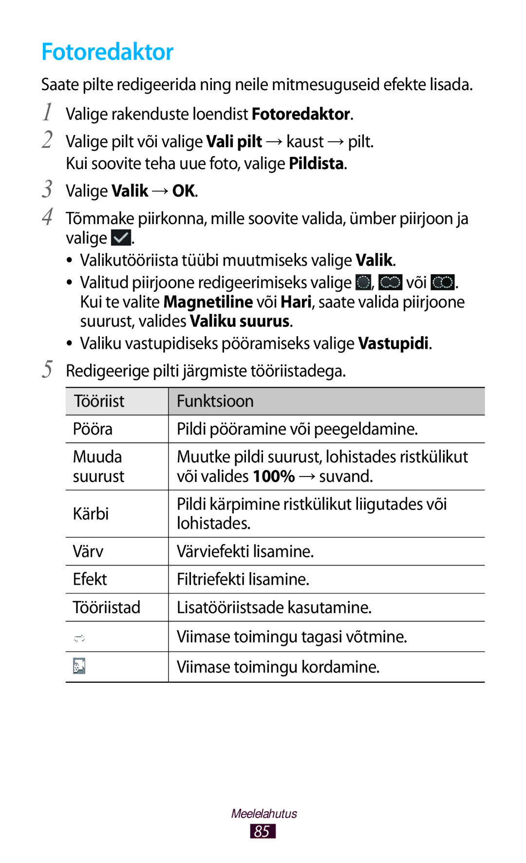 Samsung GT-P3100TSASEB, GT-P3100TSESEB, GT-P3100ZWASEB manual Valige rakenduste loendist Fotoredaktor 