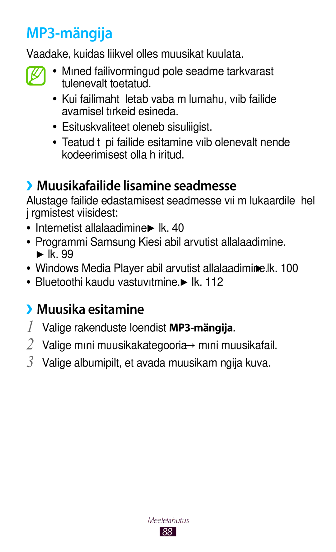 Samsung GT-P3100TSASEB, GT-P3100TSESEB manual MP3-mängija, ››Muusikafailide lisamine seadmesse, ››Muusika esitamine 