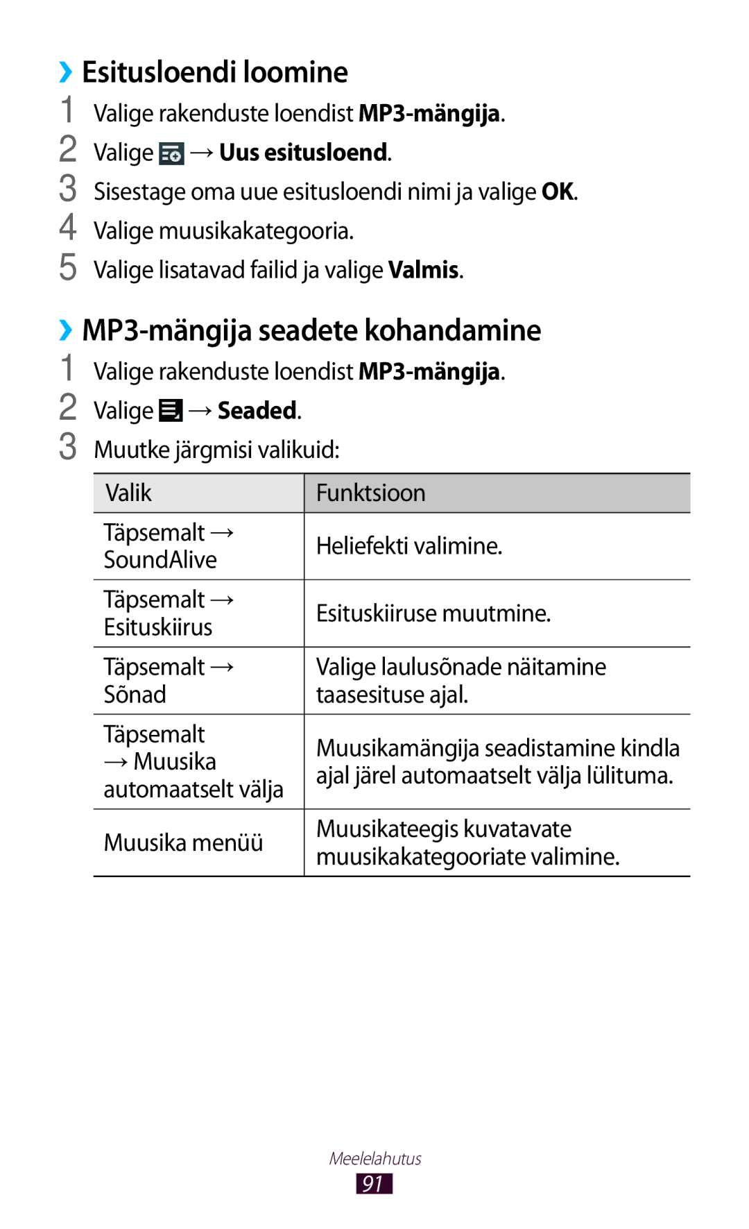 Samsung GT-P3100TSASEB, GT-P3100TSESEB, GT-P3100ZWASEB manual ››Esitusloendi loomine, ››MP3-mängija seadete kohandamine 