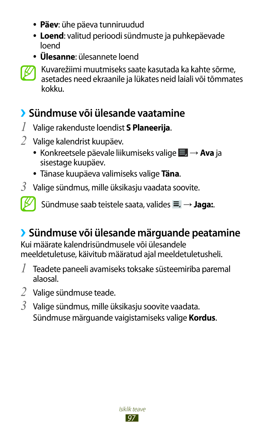 Samsung GT-P3100TSASEB, GT-P3100TSESEB, GT-P3100ZWASEB manual ››Sündmuse või ülesande vaatamine, Valige kalendrist kuupäev 