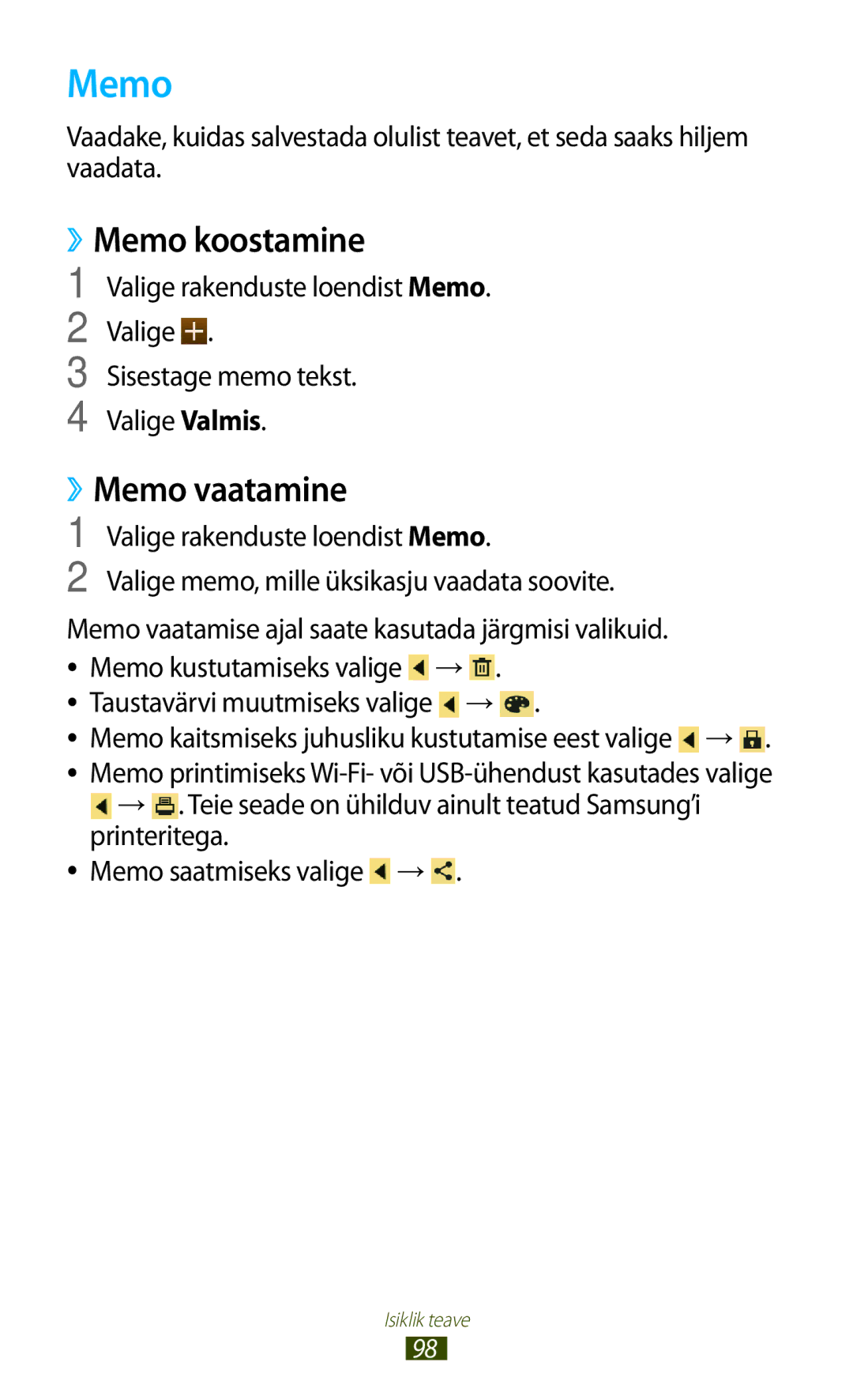Samsung GT-P3100ZWASEB manual ››Memo koostamine, ››Memo vaatamine, Memo kaitsmiseks juhusliku kustutamise eest valige → 