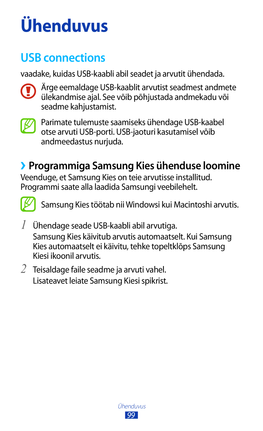 Samsung GT-P3100TSESEB, GT-P3100TSASEB, GT-P3100ZWASEB manual Ühenduvus, USB connections 