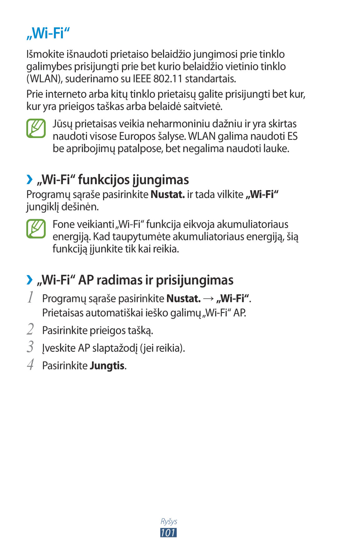 Samsung GT-P3100ZWASEB, GT-P3100TSESEB manual ››„Wi-Fi funkcijos įjungimas, ››„Wi-Fi AP radimas ir prisijungimas 