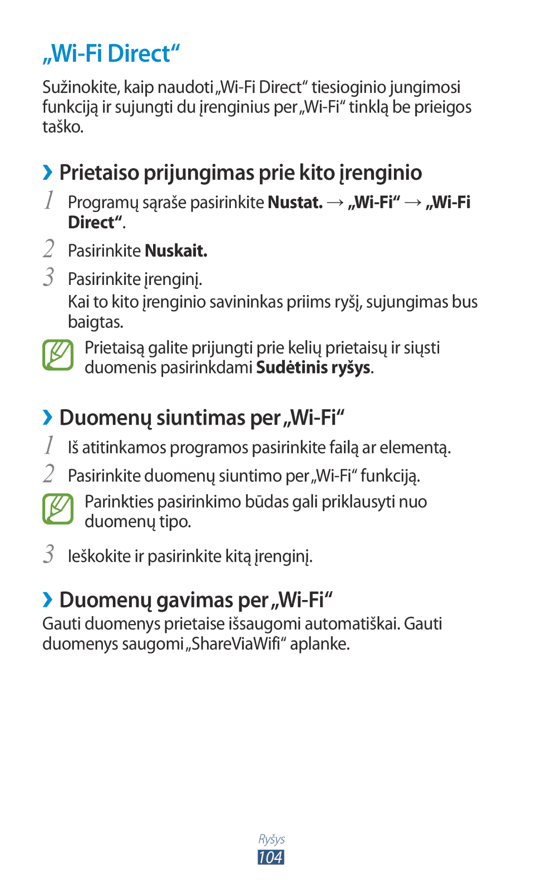 Samsung GT-P3100ZWASEB manual „Wi-Fi Direct, ››Prietaiso prijungimas prie kito įrenginio, ››Duomenų siuntimas per„Wi-Fi 