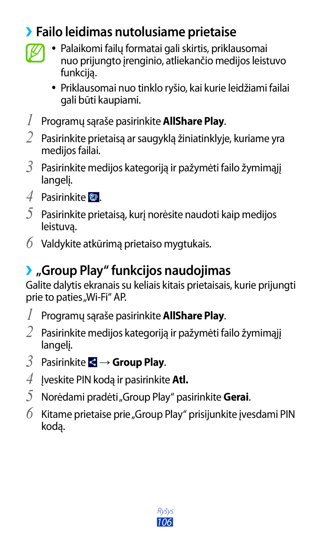 Samsung GT-P3100TSASEB, GT-P3100TSESEB manual ››Failo leidimas nutolusiame prietaise, ››„Group Play funkcijos naudojimas 