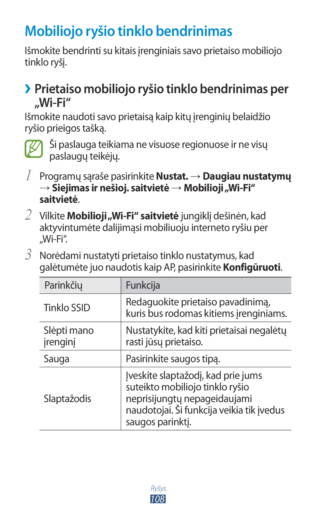 Samsung GT-P3100TSESEB manual Mobiliojo ryšio tinklo bendrinimas, ››Prietaiso mobiliojo ryšio tinklo bendrinimas per „Wi-Fi 