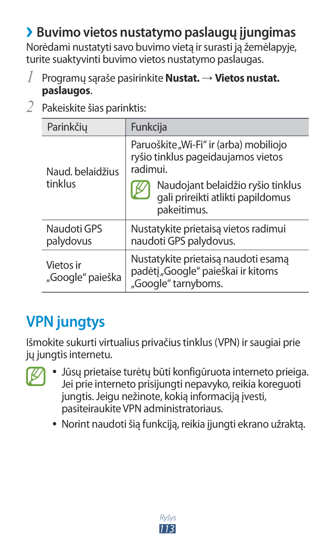 Samsung GT-P3100ZWASEB, GT-P3100TSESEB, GT-P3100TSASEB manual VPN jungtys 