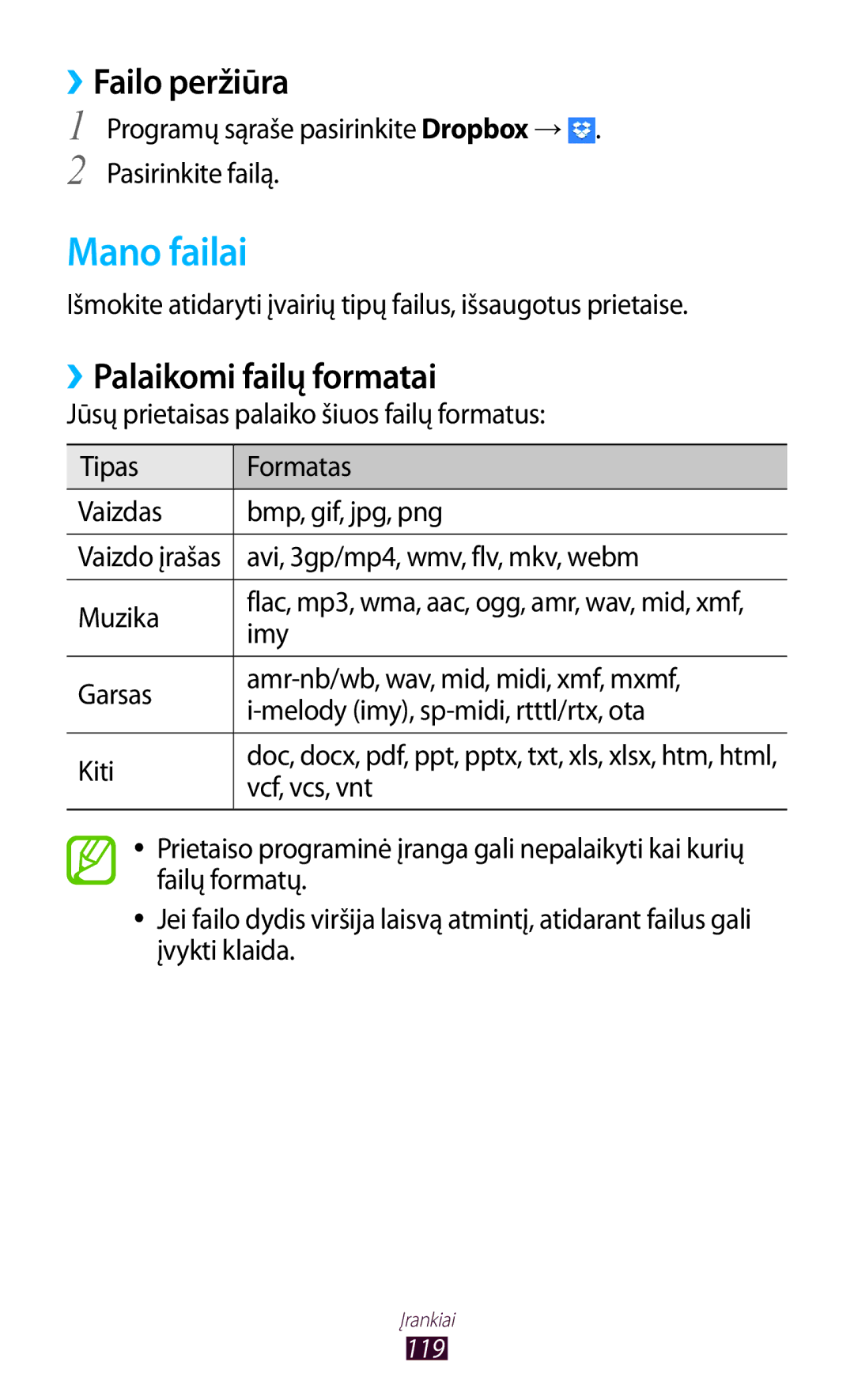 Samsung GT-P3100ZWASEB, GT-P3100TSESEB, GT-P3100TSASEB manual Mano failai, ››Failo peržiūra, ››Palaikomi failų formatai 