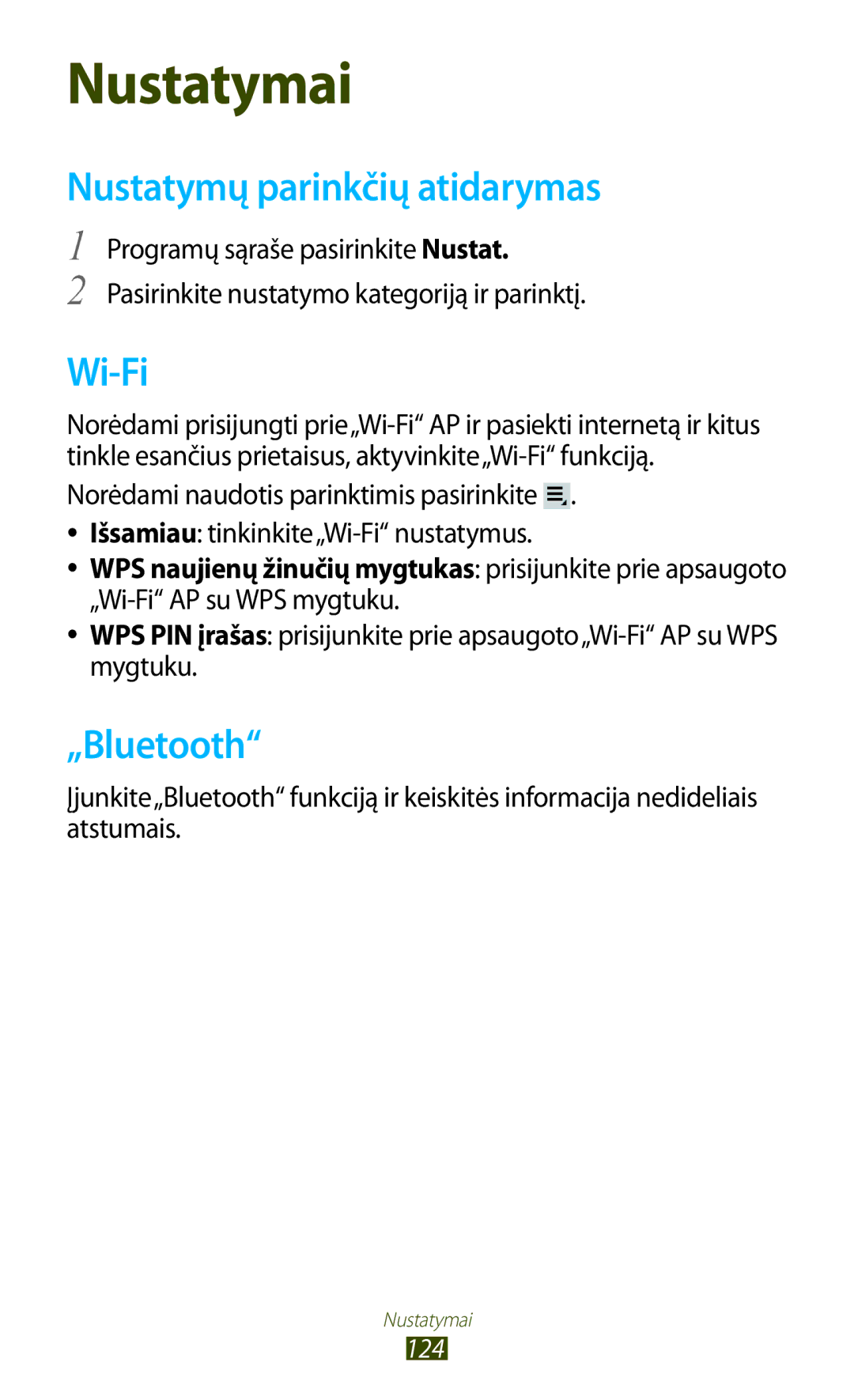 Samsung GT-P3100TSASEB, GT-P3100TSESEB, GT-P3100ZWASEB manual Nustatymų parinkčių atidarymas, Wi-Fi 