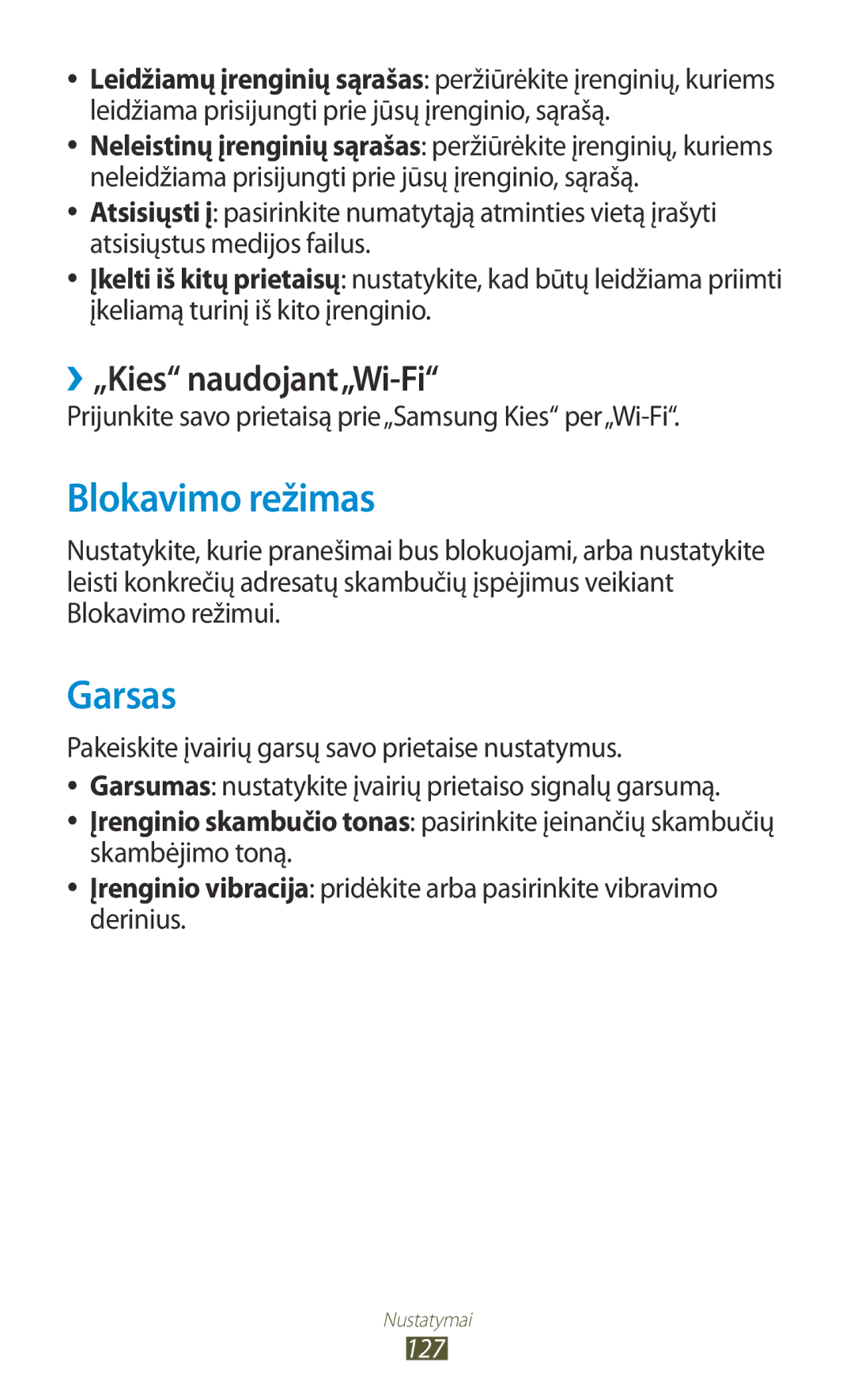 Samsung GT-P3100TSASEB, GT-P3100TSESEB, GT-P3100ZWASEB manual Blokavimo režimas, Garsas, ››„Kies naudojant„Wi-Fi 