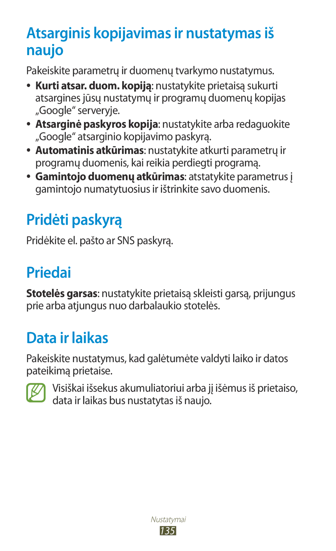 Samsung GT-P3100TSESEB manual Atsarginis kopijavimas ir nustatymas iš naujo, Pridėti paskyrą, Priedai, Data ir laikas 