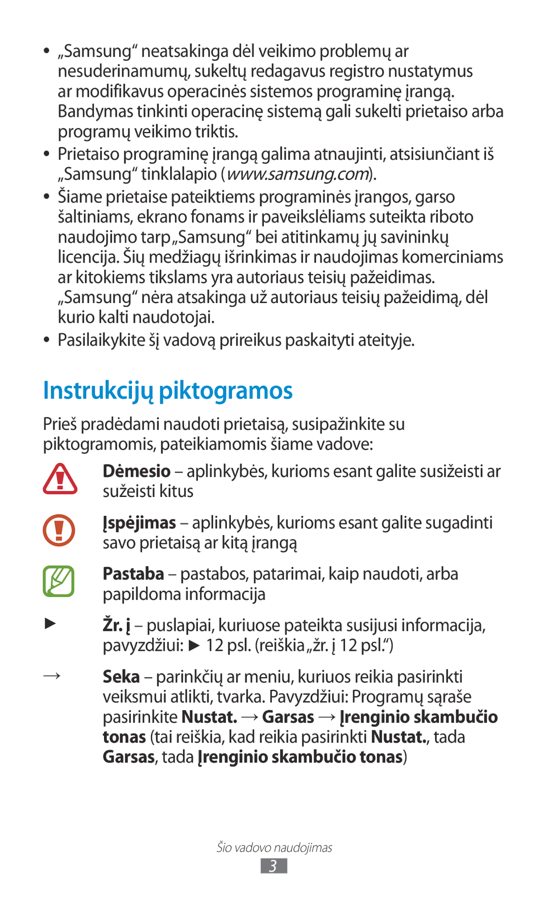 Samsung GT-P3100TSESEB, GT-P3100TSASEB manual Instrukcijų piktogramos, Pasilaikykite šį vadovą prireikus paskaityti ateityje 