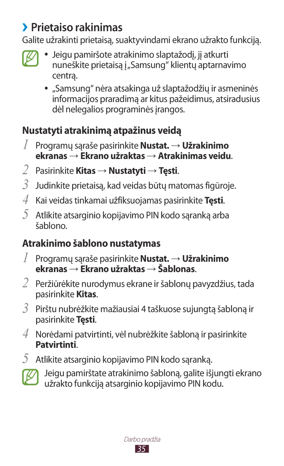 Samsung GT-P3100ZWASEB, GT-P3100TSESEB, GT-P3100TSASEB manual ››Prietaiso rakinimas, Pasirinkite Kitas →Nustatyti →Tęsti 