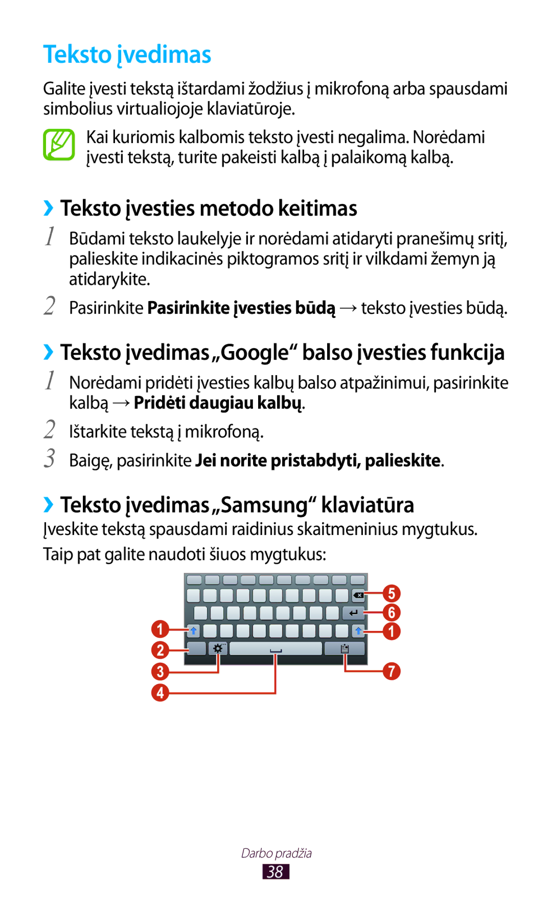 Samsung GT-P3100ZWASEB, GT-P3100TSESEB manual ››Teksto įvesties metodo keitimas, ››Teksto įvedimas„Samsung klaviatūra 