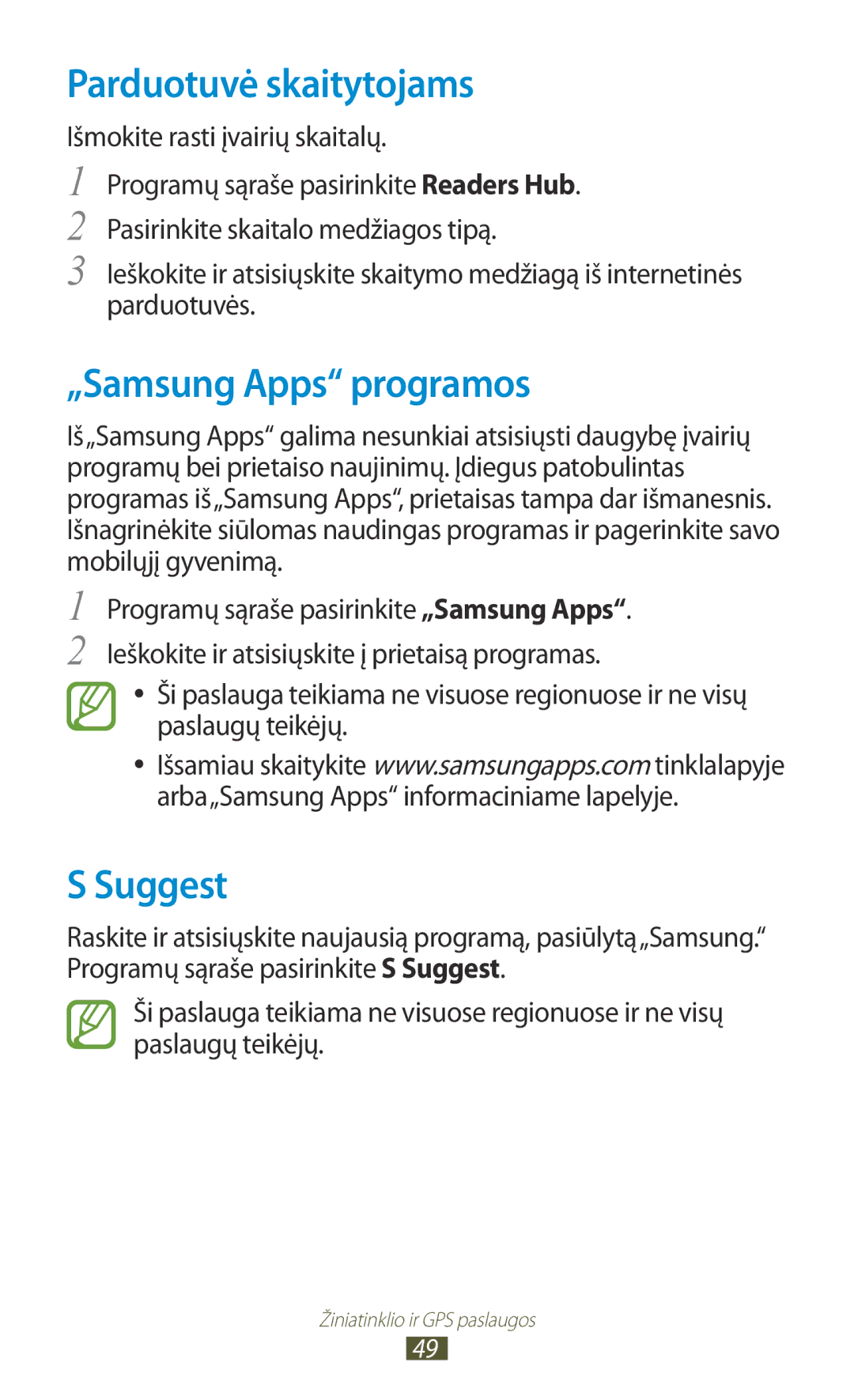 Samsung GT-P3100TSASEB, GT-P3100TSESEB, GT-P3100ZWASEB manual Parduotuvė skaitytojams, „Samsung Apps programos, Suggest 