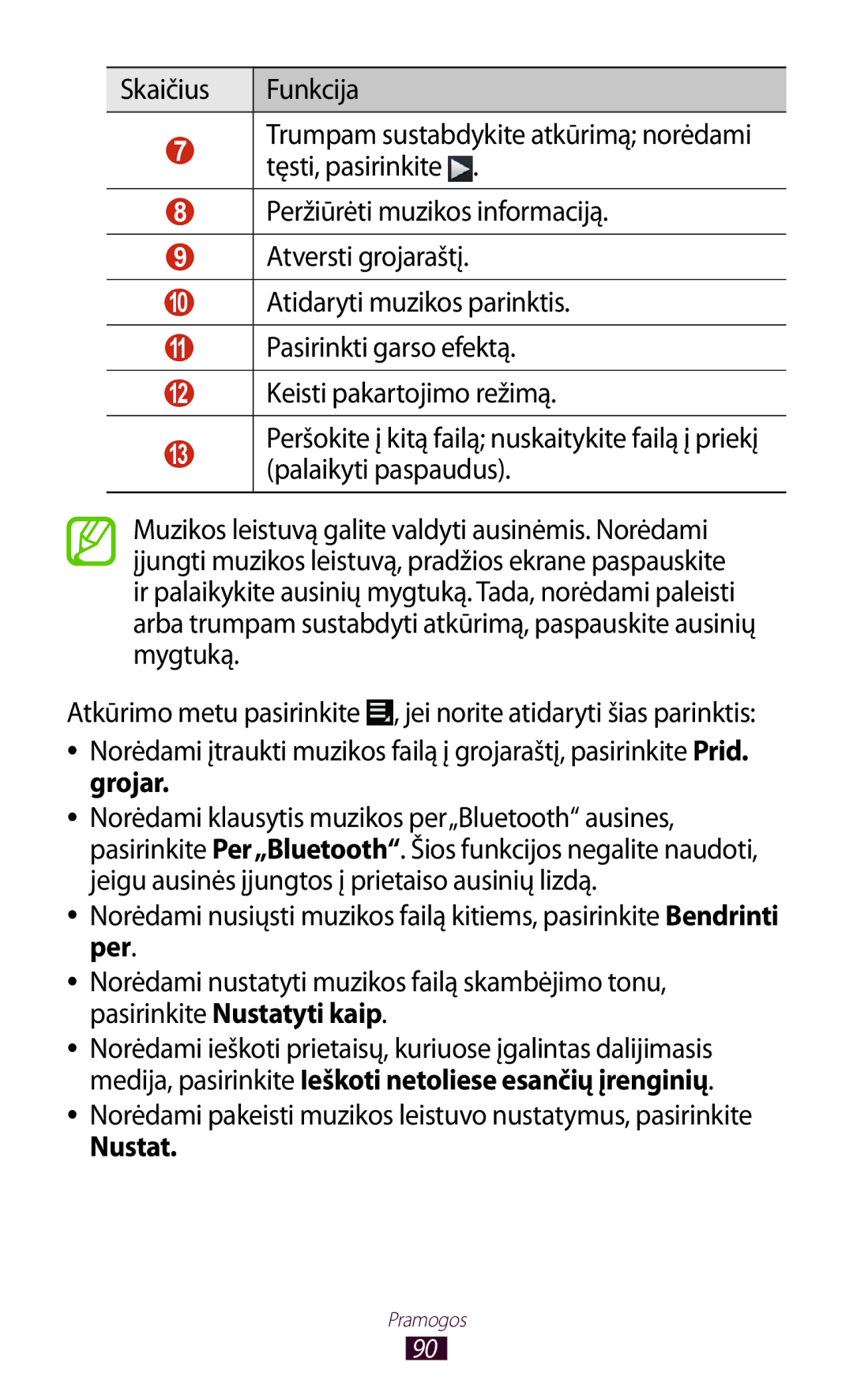 Samsung GT-P3100TSESEB, GT-P3100TSASEB, GT-P3100ZWASEB Norėdami pakeisti muzikos leistuvo nustatymus, pasirinkite, Nustat 