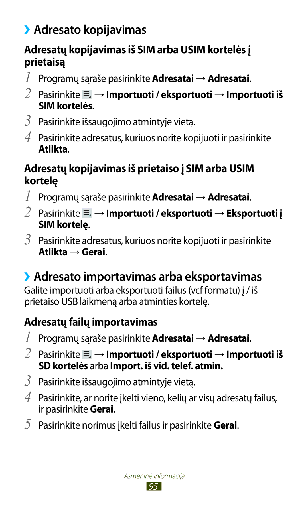 Samsung GT-P3100ZWASEB manual ››Adresato kopijavimas, Atlikta →Gerai, SD kortelės arba Import. iš vid. telef. atmin 